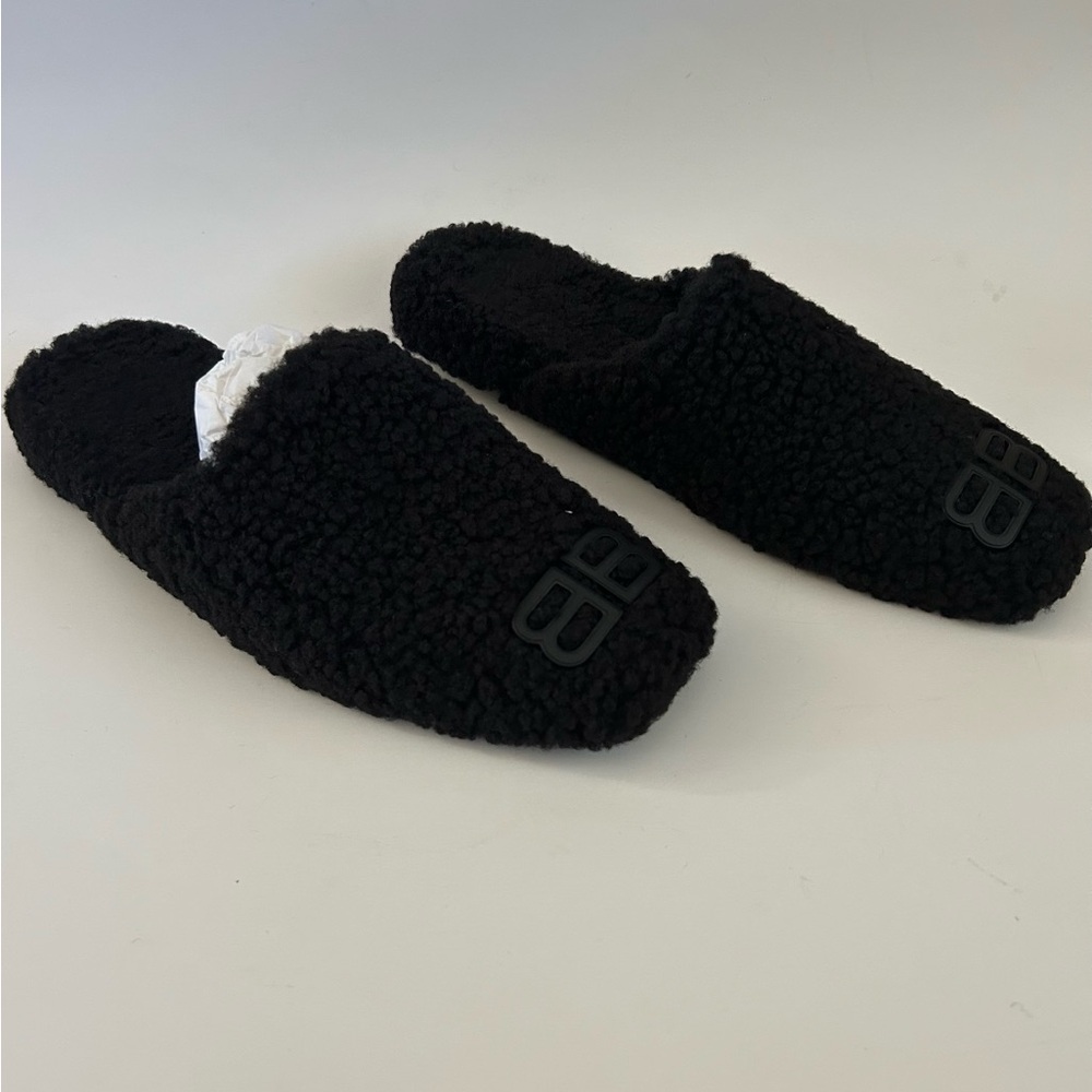 Balenciaga Black Shearling Cosy BB Slip on Mule Slides Size 37